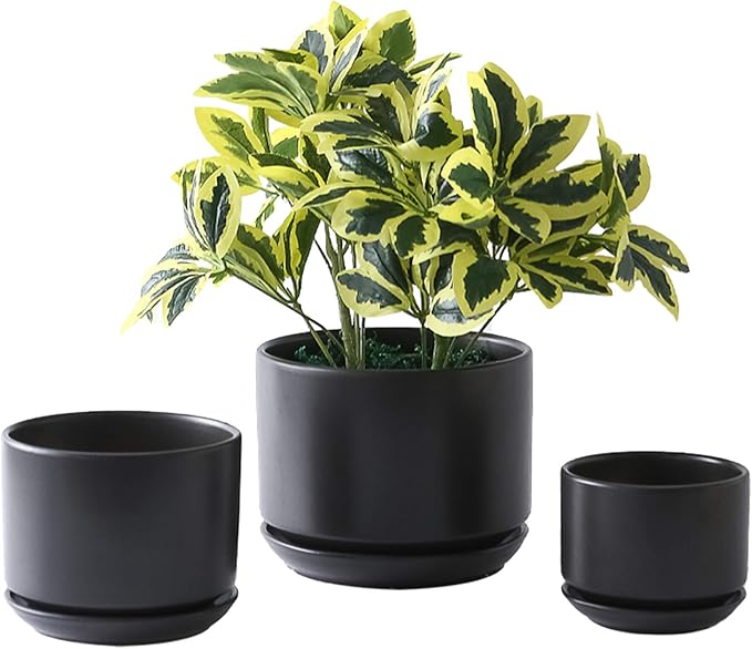 Yishang Succulent Plant Pots,6.7+5.3+4.1 in Glazed Ceramic Planters with Connected Saucers, Round Modern Ceramic Flower pots - Small to Large Sized Plant pots for All House Plants(Matte Black)