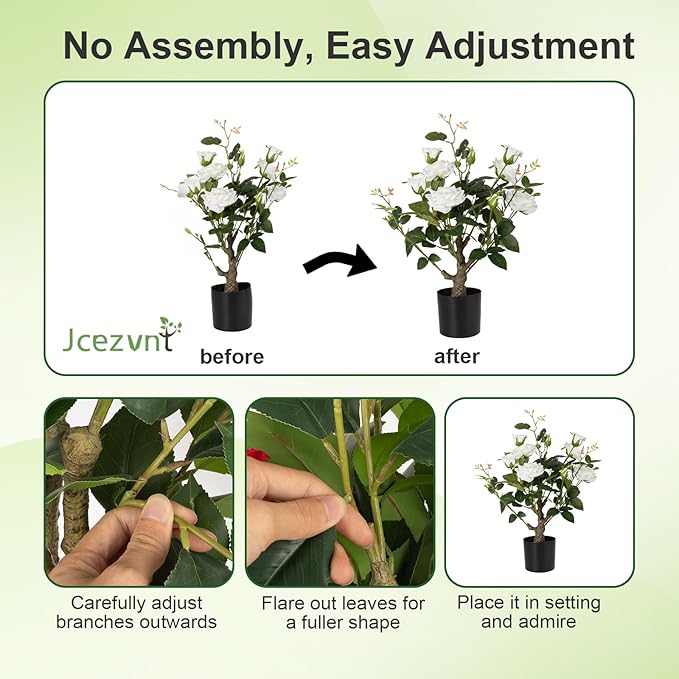 24’’ Artificial Rose Tree, 2 Pack Faux Rose Plants with White Flowers and Green Leaves, 2FT Silk Potted Tree for Indoor Outdoor Home Office Porch Garden Decor, White