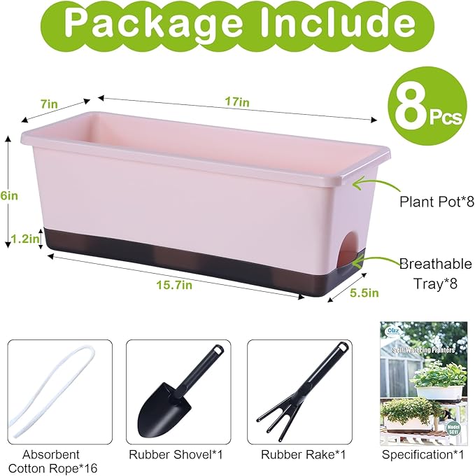 Oliz Window Box Planter 8 Pcs, 17 Inches Rectangle Flower Pots with Drainage Holes & Trays, Vegetable Planters for Windowsill Patio Garden Balcony Home Indoor Outdoor (Pink, 16 * 7 * 6 inch)