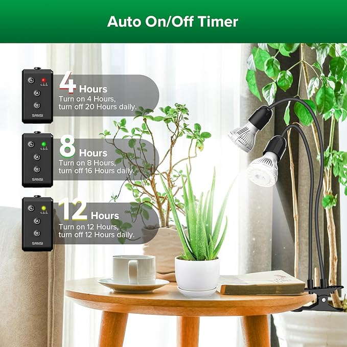 SANSI LED Grow Lights for Indoor Plants 1-Pack + 10W Grow Bulbs 2-Pack, Lifetime Free Bulb Replacement, 300W Full Spectrum Dual Gooseneck Clip Plant Grow Light, Plant Light with Timer 4/8/12 Hrs