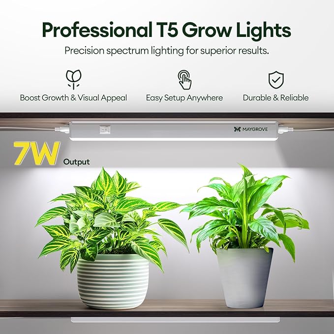 Maygrove T5 Grow Lights for Indoor Plants 1FT, Sun-Like Full Spectrum 5000K Grow Light, 28W(4 x 7W), Grow Light Strips for Seed Starting, Greenhouse, High PPFD, Linkabe, White, 4-Pack