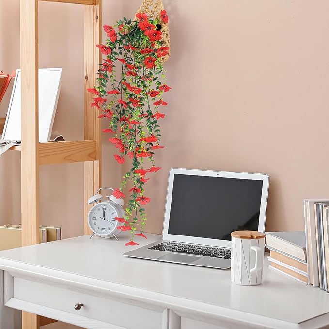 FAVOWREATH Fake Plants Hanging Artificial Potted Faux Eucalyptus Plants and Flowers for Modern Boho Farmhouse Bathroom Office Desk Wall Book Shelf Living Room Aesthetic Decor Indoor (Red)
