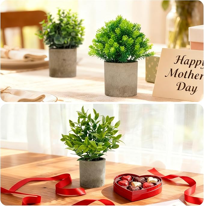 AUUGUU Artificial Potted Plants Set of 5, Realistic Faux Greenery in Cement Pots for Home Office Desk Bookshelf Decor, Small Fake Plants for Indoor Tabletop Decoration