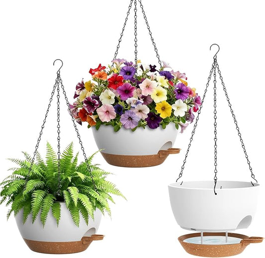 UOUZ Set of 3-10 Inch Self Watering Hanging Planters for Indoor Outdoor，Hanging Plant Pots with Drainage & Removable Tray, Hanging Pots Holder for Pothos Plant, Ferns, Balcony & Patio,White with Brown