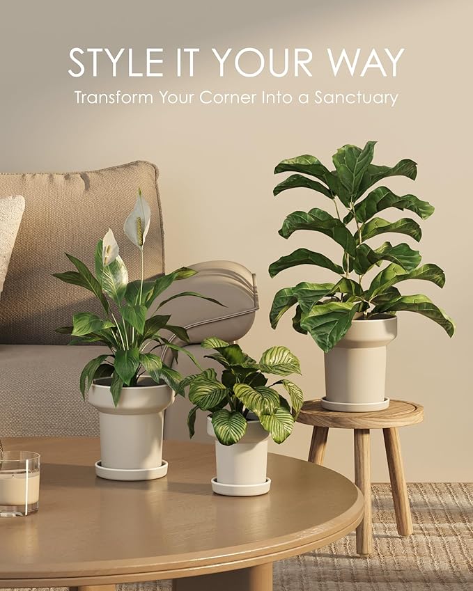 Bamworld 3-Pack Plant Pots Indoor with Drainage 5/6/7 Inch Planters for Indoor Plants Modern Minimalist Flower Pots White