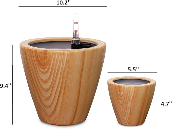 Set of 2, Smart Self-Watering Planters for Indoor and Outdoor - Round, Imitation Pine
