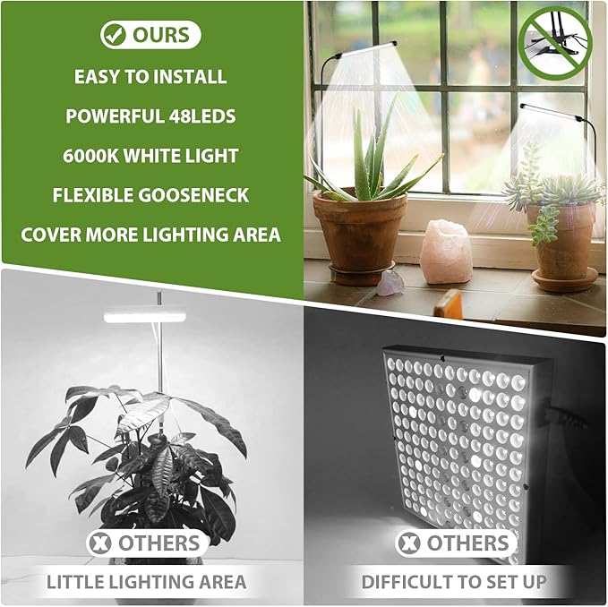 Juhefa Grow Light for Indoor Plants Growing, 6000K Full Spectrum Gooseneck Plant Lamp for Seedings Succulents Small Plants, Auto On/Off Timing & 5 Dimming, 3-Pack