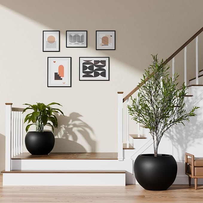 KUTE NEST 9.7" H x 12" D Premium Globo Fiberstone Round Planter with Drainage Hole, Smooth Finishes, Weather Resistant for Indoor and Outdoor Use, Included 2 Extra Coco Mats (Black, 7.8" Pot Opening)