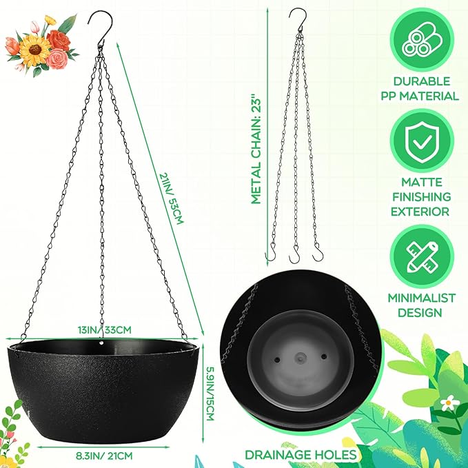 Maxcheck 4 Pack 13 Inch Large Hanging Planters Indoor Outdoor Flower Pots, Plant Containers with Drainage Hole Round Hanging Plant Pot for Home Garden Porch Balcony Patio Decor(Black)