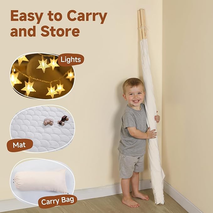Sumbababy Teepee Tent for Kids with Mat, Cotton Canvas Indoor Foldable Tee Pee Tent for Toddler Slumber Party, Washable Play Tents Gift Toy for Girls & Boy