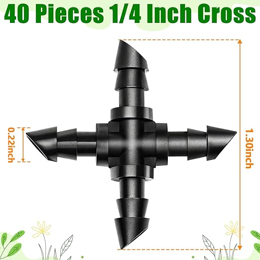 40 Pack Drip Irrigation 1/4" Barbed Cross Tee Fittings, Drip Line Barbed Cross Tee Connectors for 1/4 Inch Irrigation Tubing Micro Irrigation Connection Parts for Garden Sprinkler Systems