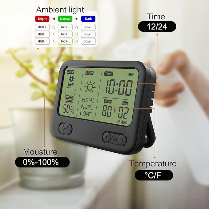 4-in-1 Soil Meter for Plants, Wireless Remote Monitor for Temperature Moisture Light Timing in One Board, Use for Garden Pot Turf lawns Farms greenhouses（1 Meter and 2 Sensior）, Black