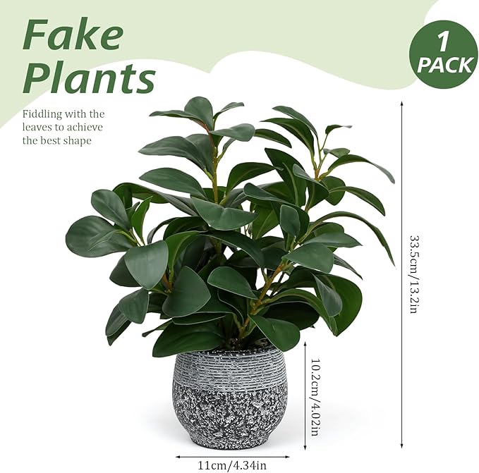SHOHAYTO Artificial Plants for Home Decor - 13.2 Inch Fake Ficus Tree in Cement Planter, Real Looking Potted Faux Plants for Office Desk, Kitchen Shelf, Bookshelf & Indoor Decor