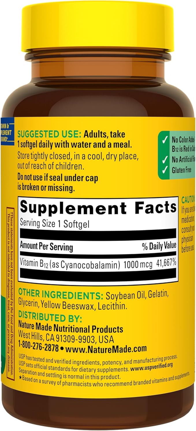 Nature Made Vitamin B12 1000 mcg, Dietary Supplement for Energy Metabolism Support, B12 Vitamins 1000 mcg, 90 Softgels, 90 Day Supply