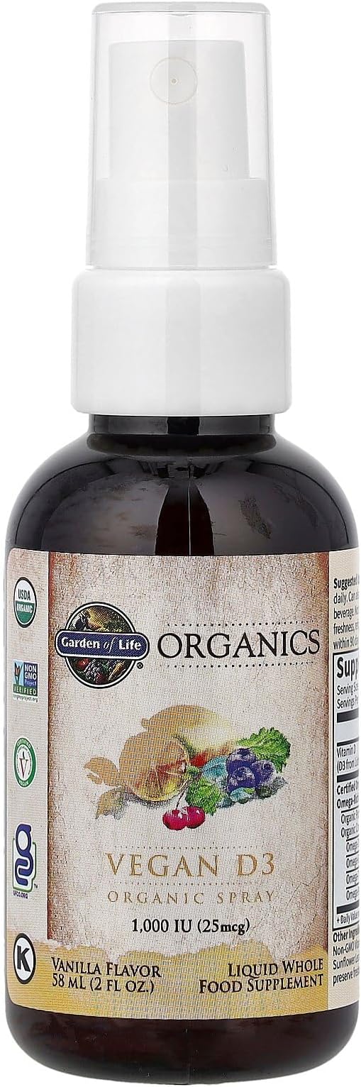 Garden of Life Organics Vegan Vitamin D3 Spray with Plant Omegas – Liquid Vitamin D3 for Immune Support & Bone Health, 1000 IU, USDA Organic, Non-GMO, Vanilla Flavor, 2 Fl Oz Bottle, 125 Servings