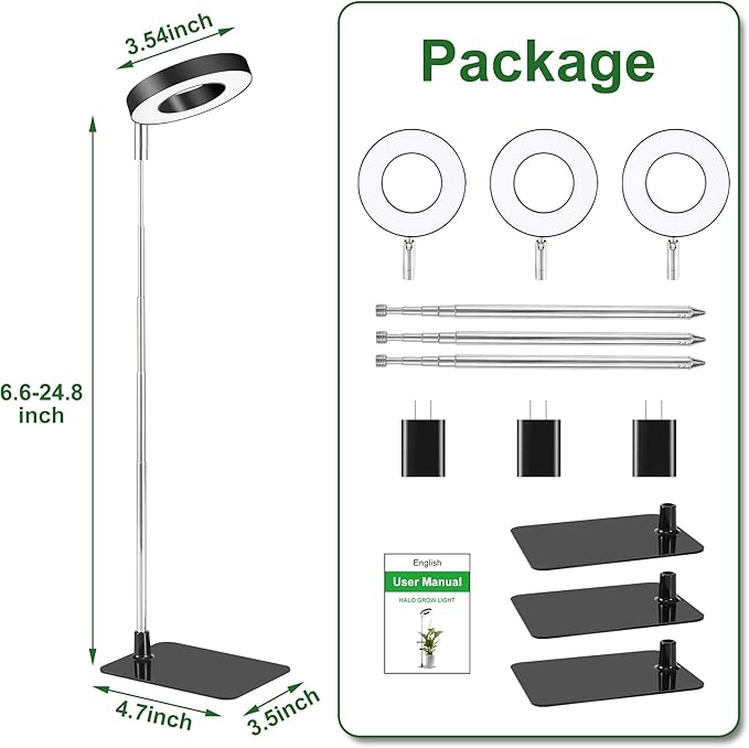 Black 3.54" LED Grow Light, Full Spectrum Plant Lights for Indoor Growing with 3/9/12H Timer, 3 Color Modes, 10 Brightness, Height Adjustable，Small Halo Grow Light with Base, 3 Pack