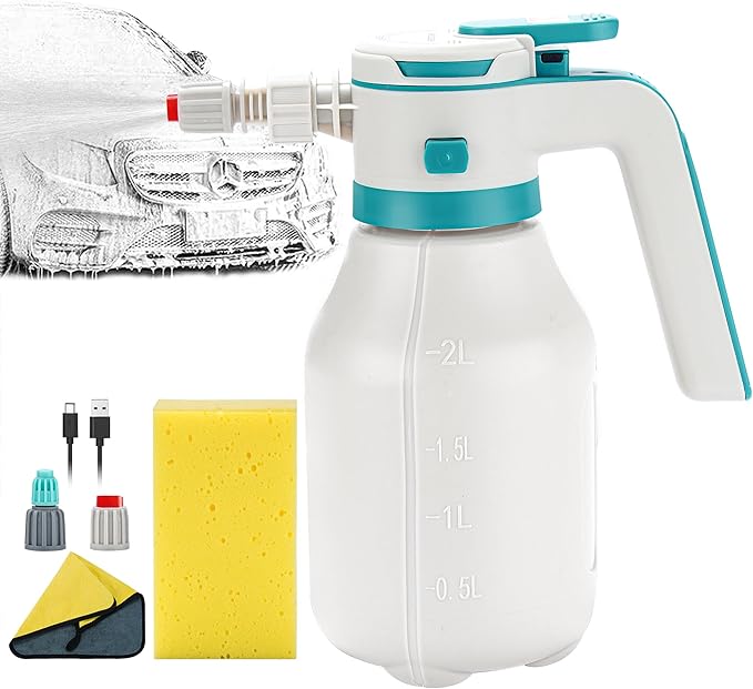 Electric Foam Sprayer Car Wash, 0.5Gallon 2L Rechargeable Battery Power Display Auto Pressure Foamer Spray Bottle, 2 Nozzles Mode Spray