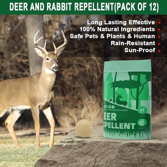Deer Repellent, Deer & Rabbit Repellent for Plants, Deer Deterrent for Garden and Yard, Rabbit Repellant Outdoor, Keep Deers Away from Trees, Long-Lasting 2 Months Protection-12 Pack
