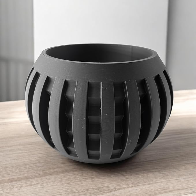 Grove Modern Planter – Black Plant Pot with Slat Design & Drainage, Contemporary Round Flower Vessel for Indoor Plants & Home Decor (Obsidian Black, Outer Dimensions: Compact 6" Width x 4" Height)