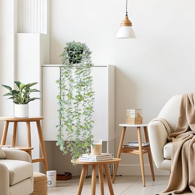echosari Artificial Hanging Plants, Fake Potted Eucalyptus Faux Hanging Plant, Fake Hanging Plants Indoor for Modern Boho Home Bedroom Wall Book Shelf Decor