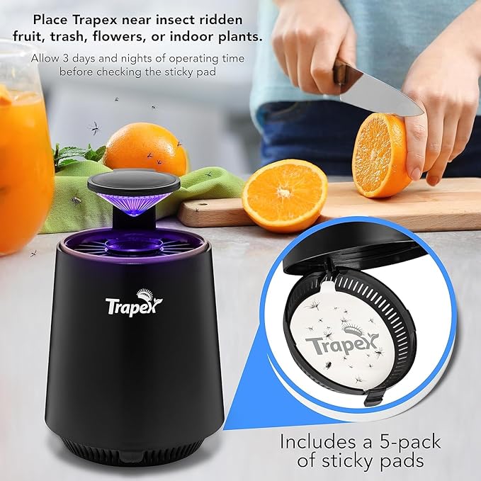 Indoor Fly Trap - Gnat Killer for Fruit Fly, Gnats, Moth, Mosquito & Bug with Refillable Bait Pod & 5 Sticky Pad Refills - Gnat Traps for House Indoor (Black)