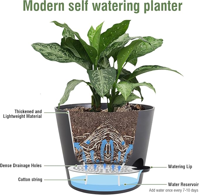 Meowell 12 inch Large Self Watering Pots for Indoor Outdoor Plants, Flower Plant Pots with Mesh Drainage Holes for Garden House Plants, Plastic Planters with Reservoir for Home Decor, Black