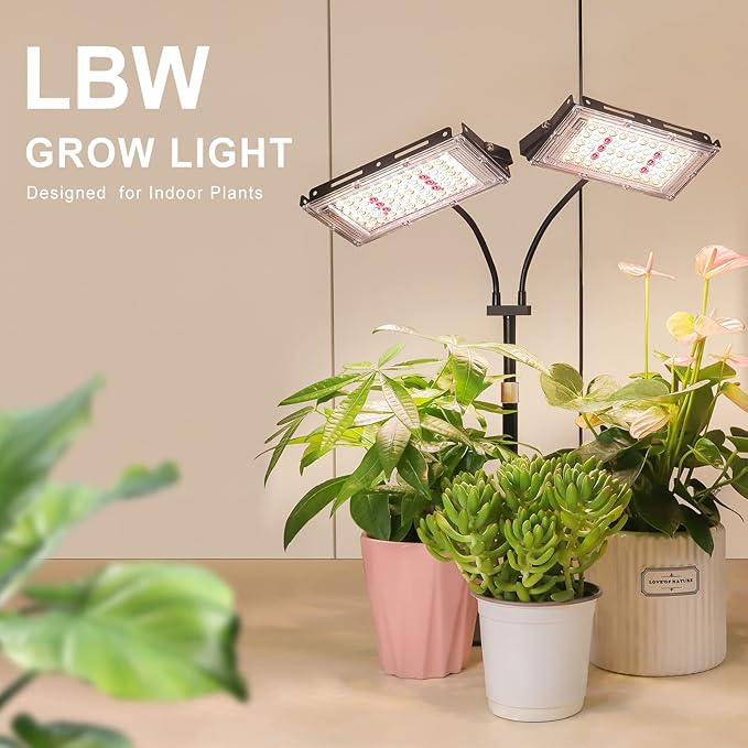 LBW Grow Light for Indoor Plant,Full Spectrum Dual Heads Desk Plant Light,Grow Lamp with 3H/6H/12H Timer,6-Level Brightness,3 Lighting Mode,Height Adjustable,Flexible Gooseneck,Ideal for Indoor Growth