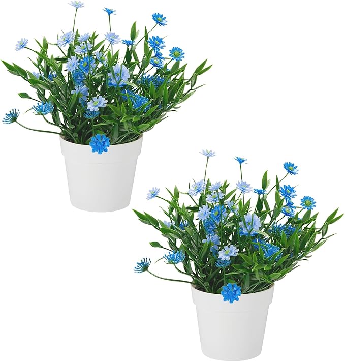 Fake Plants Daisy for Bathroom Decor, Small Potted Artificial Plants Indoor for Shelf Desk Home Bathroom Farmhouse Room Coffee Table Decor, Blue (Pack of 2)