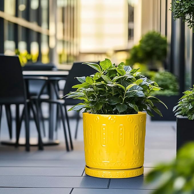 Eightpot Ceramic Flower Pots, 12 Inch Plant Pot with Drainage Holes and Saucers, Round Pots for Plants for Indoor Outdoor, Boho Decorative Planter, Garden House Decor, Gifts for Women, Yellow
