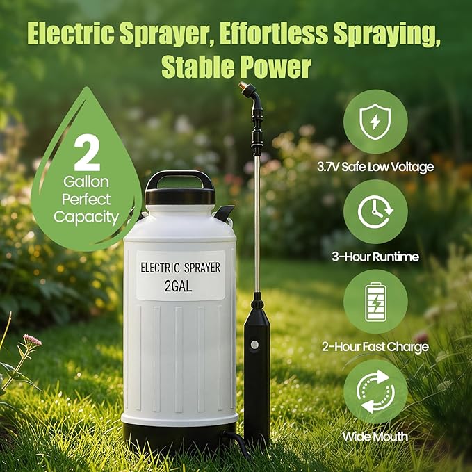 Battery Electric Sprayer, 2 Gallon USB Rechargeable Portable Lawn Garden Sprayer with 3.7V Battery, Adjustable Strap, Leak-Proof Wand, 3 Nozzles, 3-Hour Runtime for Plant Care,Lawn Maintenance