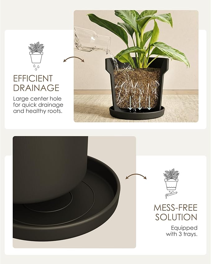 Bamworld 3-Pack Plant Pots Indoor with Drainage 5/6/7 Inch Planters for Indoor Plants Modern Minimalist Flower Pots Black