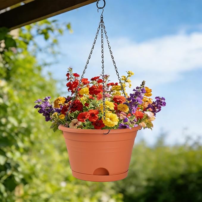 Nooulap 4 Pack Hanging Planters, 10 Inch Hanging Plant Pot with Hanger Chain & Drainage Trays, Hanging Baskets for Plants Outdoor Indoor, Plastic Flowers Pots for Home, Garden Decor (Red)