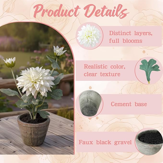 White Dahlia Flowers Fake Silk Mums Flower Artificial Chrysanthemum Flowers Faux Flowers for Vase Mums in Pot Spring Decor Coffee Table Home Party Decoration