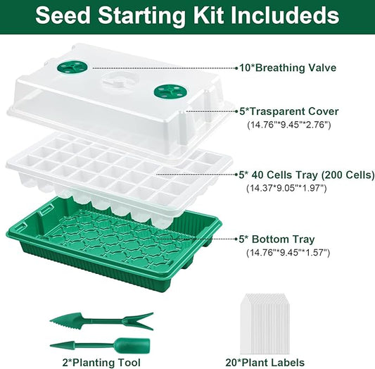5 Pack Seed Starter Tray Seed Starter Kit (200 Cells Total Tray) with Adjustable Humidity Dome, Plant Germination Trays, Seed Starting Trays Mini Greenhouse Germination Kit for Seeds Growing Starting