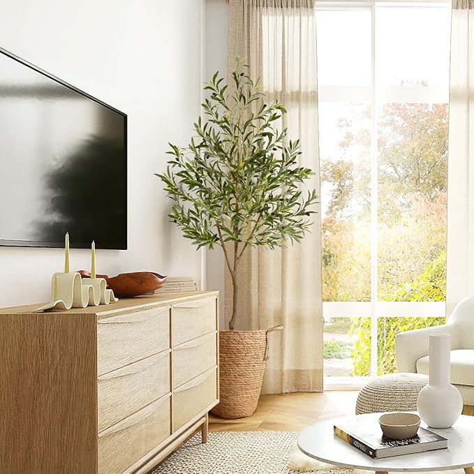 Warmplants Artificial Olive Tree, 7ft Tall Fake Olive Leaves Plant with Basket, Indoor Outdoor Faux Olive Topiary Silk Tree for Home Livingroom Office Décor