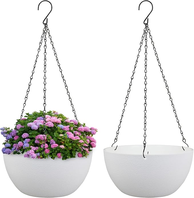 Meowell 10 inch Hanging Planters for Indoor Outdoor Plants, 2 Pack Hanging Flower Pots with Drainage Holes and Chain for Garden Balcony Porch, Round Plastic Hanging Baskets for House Plants, White