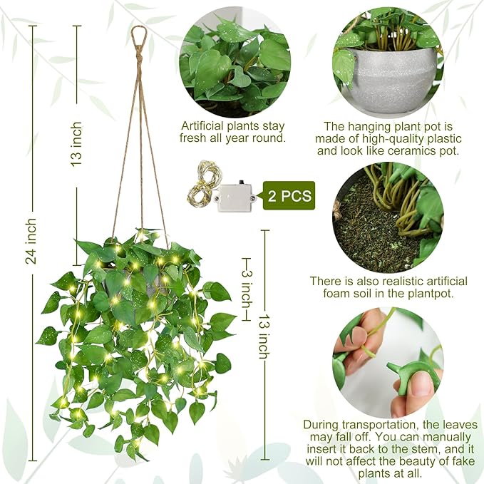 TNNTOPELE 2 Pack Hanging Plant Fake Hanging Plants with LED Lights, Artificial Hanging Plant with Pots, Artificial Plants for Home Decor Wall Indoor Outdoor Office Decor