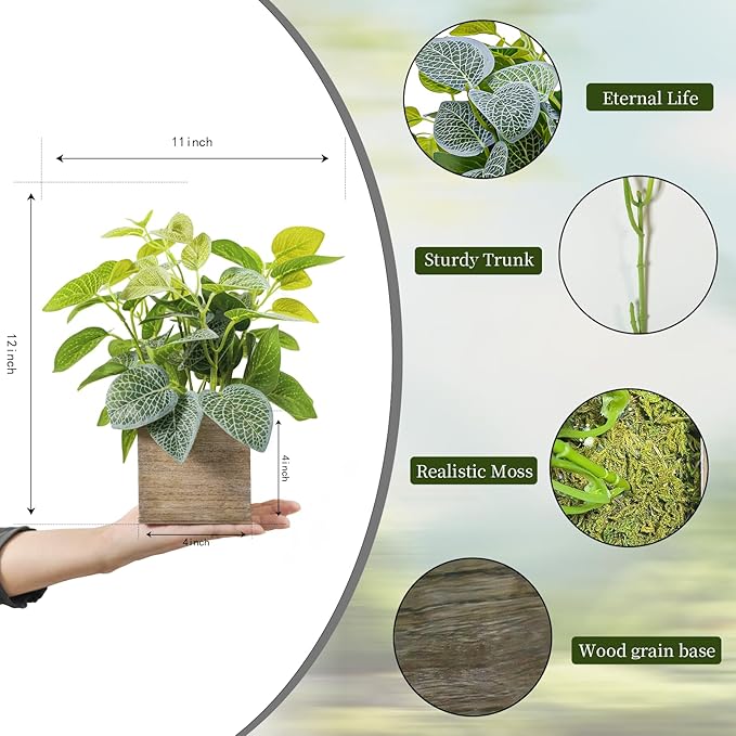 2 Pack 12" Medium Eucalyptus Fake Plants, Artificial Plants Indoor with 4 Inch Wooden Planters, Faux Potted Plants for Home Decor, Desk, Shelves, Desktop, Coffee Table, Bedroom