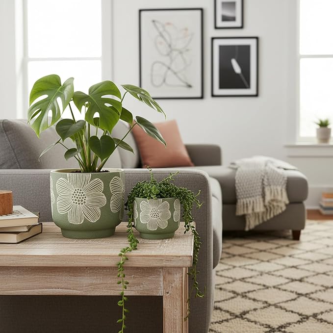 Succulent Pots 6 Inch, Plant Pot for Plants with Drainage Hole, Green Ceramic Planter Modern Floral Pattern, Round Flower Pots for Indoor Plants and Snake Plants - 1 Pack