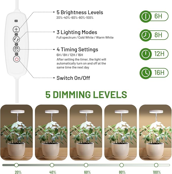 LBW Grow Light for Indoor Plants, Height Adjustable Plant Grow Lamp with Auto On/Off Timer 6/8/12/16H, 3 Colors,5 Dimmable Brightness, for Small Plants, White, 3 Packs
