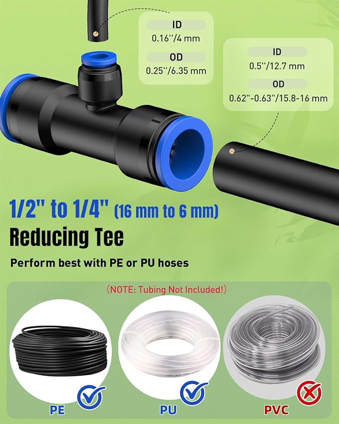 Pawfly 12 Pcs Quick Connect 1/2" to 1/4" Drip Irrigation Fittings for 1/2" Tubing (0.62-0.63" OD), Push-to-Fit 3-Way Reducing Tees Reducer Tee Connectors, Anti-Leak Drip Irrigation Tee Fittings