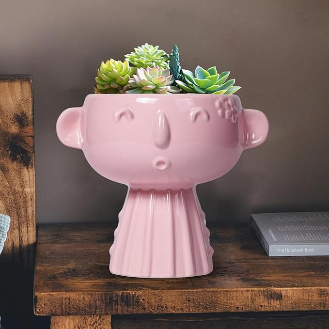 Face Pots for Plants - 7 Inch Ceramic Face Planters Pots Head for Indoor Outdoor, Small Funny Succulent Planters with Drainage Hole, House Room Apartment Decor, Gifts for Women, Bright Pink