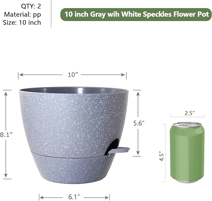 WSMKSZ 10 inch Self Watering Pots, Planter, Plant Pots with Mesh Drainage Holes for Indoor Outdoor House Plants and Garden, Set of 2 Plastic Flower Pots with Deep Reservoir, Speckled Grey