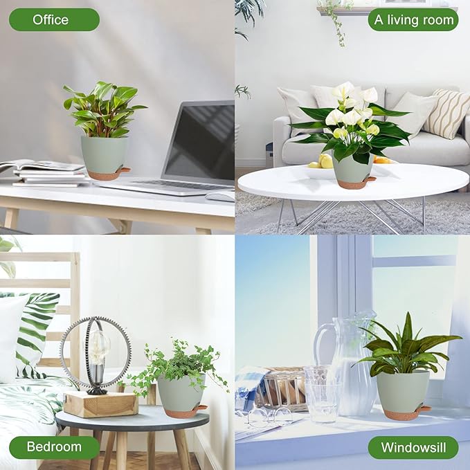 Vanslogreen Planters for Indoor Plants, 8/7/6.5/6/5.5/5 Inch Self Watering Planters with Drainage Hole, Plastic Planters Flower Pots for Indoor Outdoor Plants (Green)