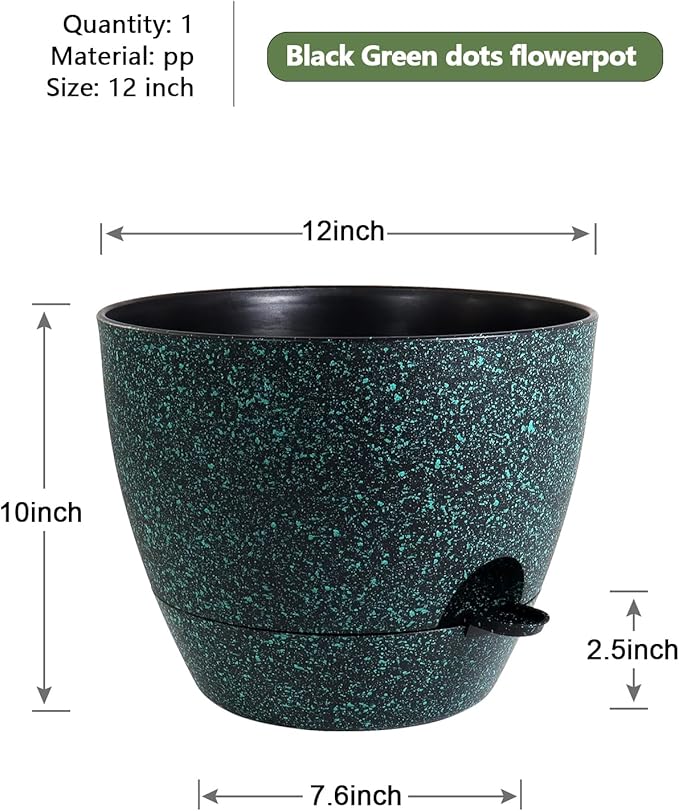 WSMKSZ 12 inch Large Self Watering Pots, Planter, Plant Pots with Mesh Drainage Holes for Indoor Outdoor House Plants and Garden, Plastic Flower Pots with Reservoir, Black with Green Speckles