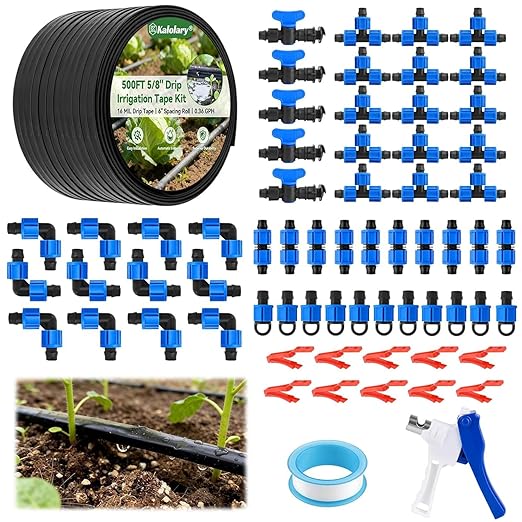 500FT 5/8 Inch Drip Tape Irrigation Kit, Kalolary 16 Mil Reinforced PE Flat Drips Tubing 6" Spacing Roll Landscape Garden Hose with Drip Tape Fittings & Hole Puncher Automatic Garden Irrigation System