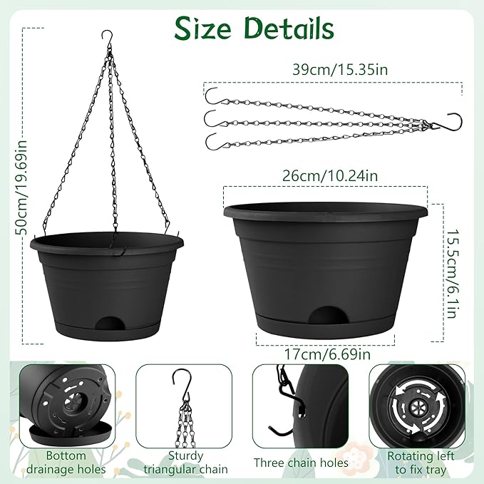 Nooulap 6 Pack Hanging Planters, 10 Inch Plant Pot with Hanger Chain & Drainage Trays, Hanging Baskets for Plants Outdoor Indoor, Hanging Flowers, Vegetables, Herbs (Black-6 Pack, 10 inch)
