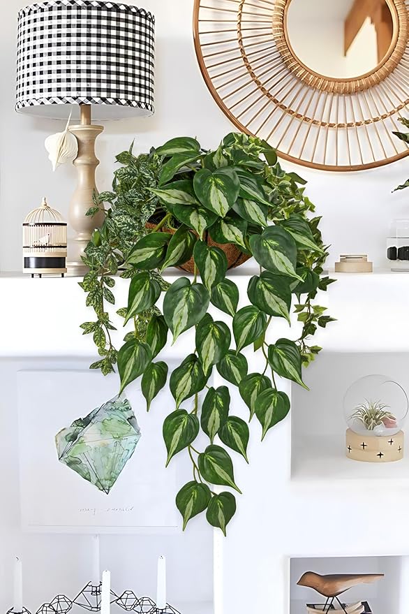 Fake Hanging Plant with Pot, Large Hanging Artificial Plants with Basket & Hanger Faux Greenery Plants Indoor Outdoor Decor Fake Pothos Plant in Pot for Wall Balcony Patio Office Bathroom Shelf