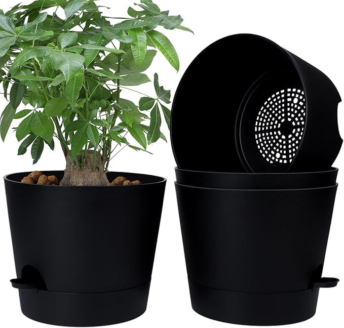 YNNICO 12 Inches Indoor Self Watering Planters with Drainage Holes and Saucers, 4 Pack (Black)