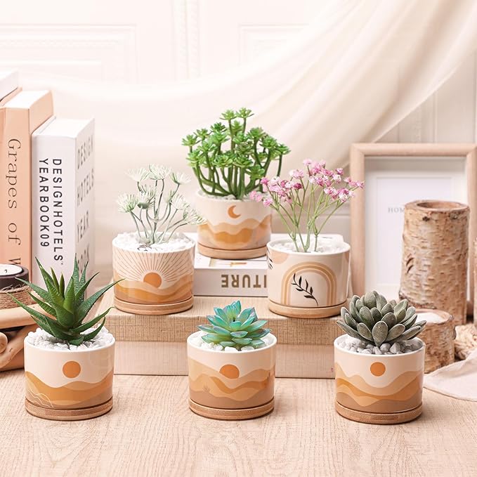 Qinyoung 6 Sets Boho Plant Pots Succulent Pot Modern Sun Ceramic Flower Planter Pot with Bamboo Tray for Indoor Plants, Aloe, Cactus, Home Office Decor